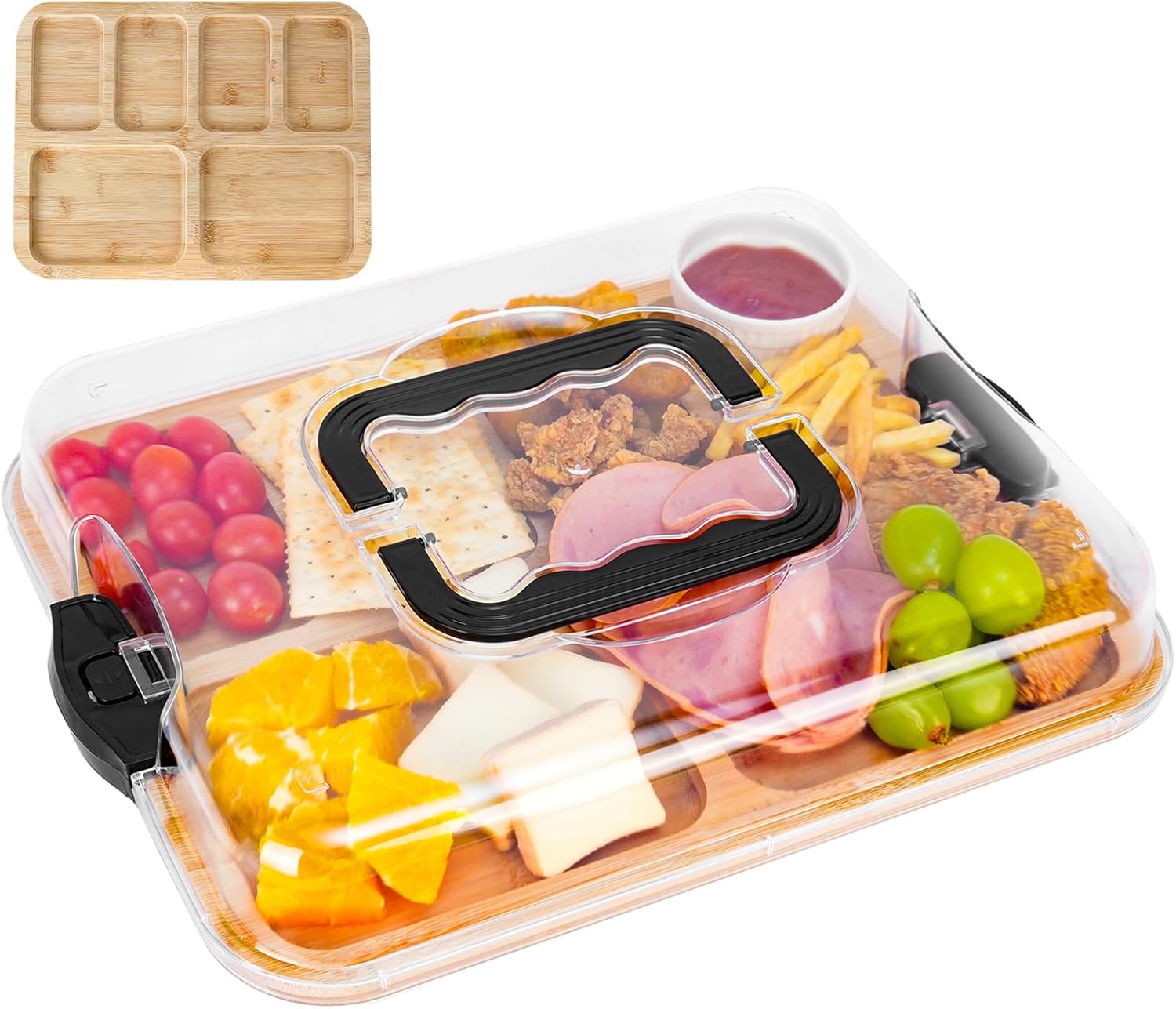 CARLA HOME Bamboo Charcuterie Board with Lid & Handle ideal Gift for Kitchen, Party & Picnic (6 Compartments)